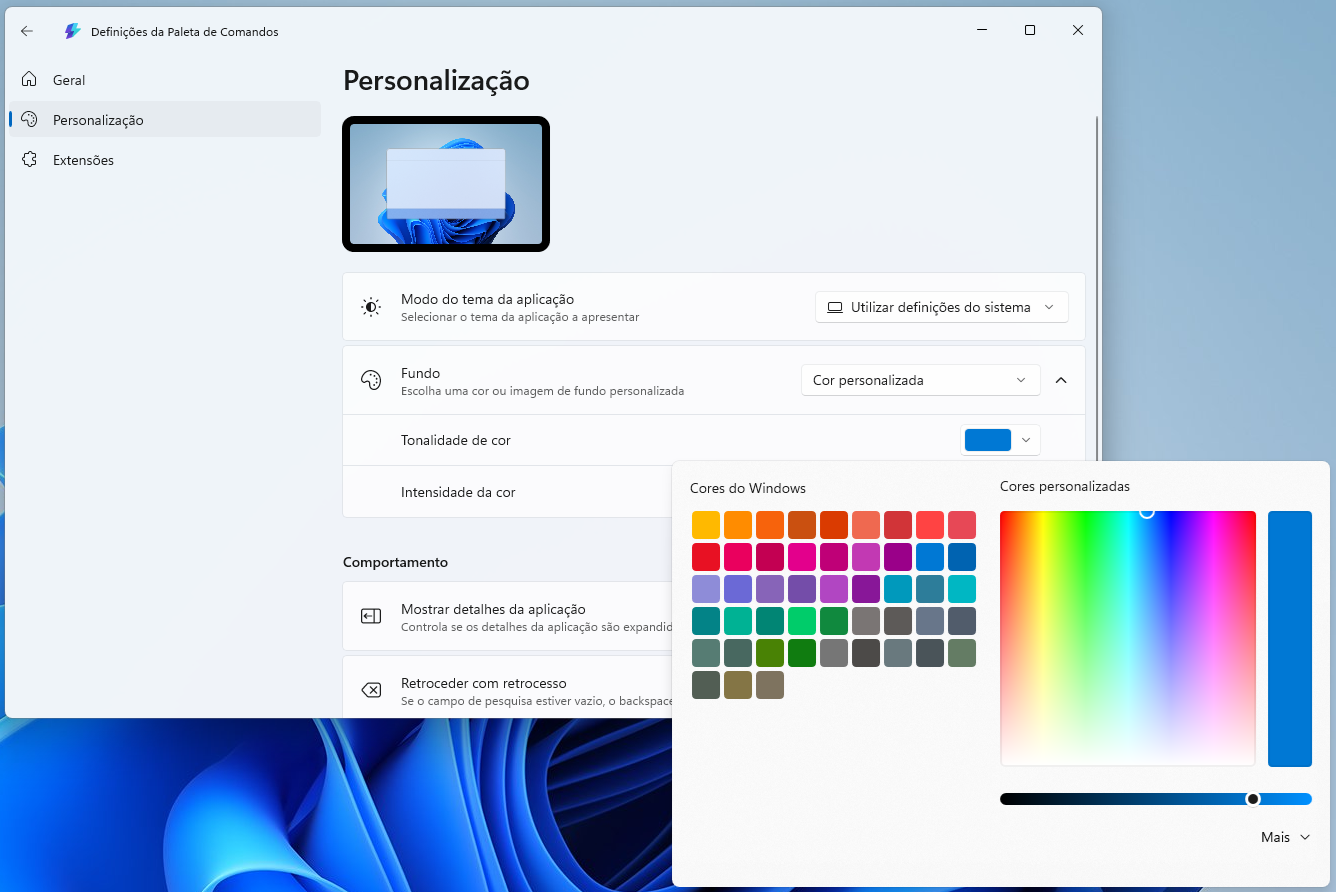 Tela de configurações: Personalização com opções de tema, fundo e cor na janela de Paleta de Comandos (color picker à direita).
