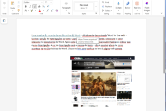 Screenshot of a Word document in Portuguese explaining hyperlinking in Word for the web, with a large embedded image of a website (PCGUA homepage).