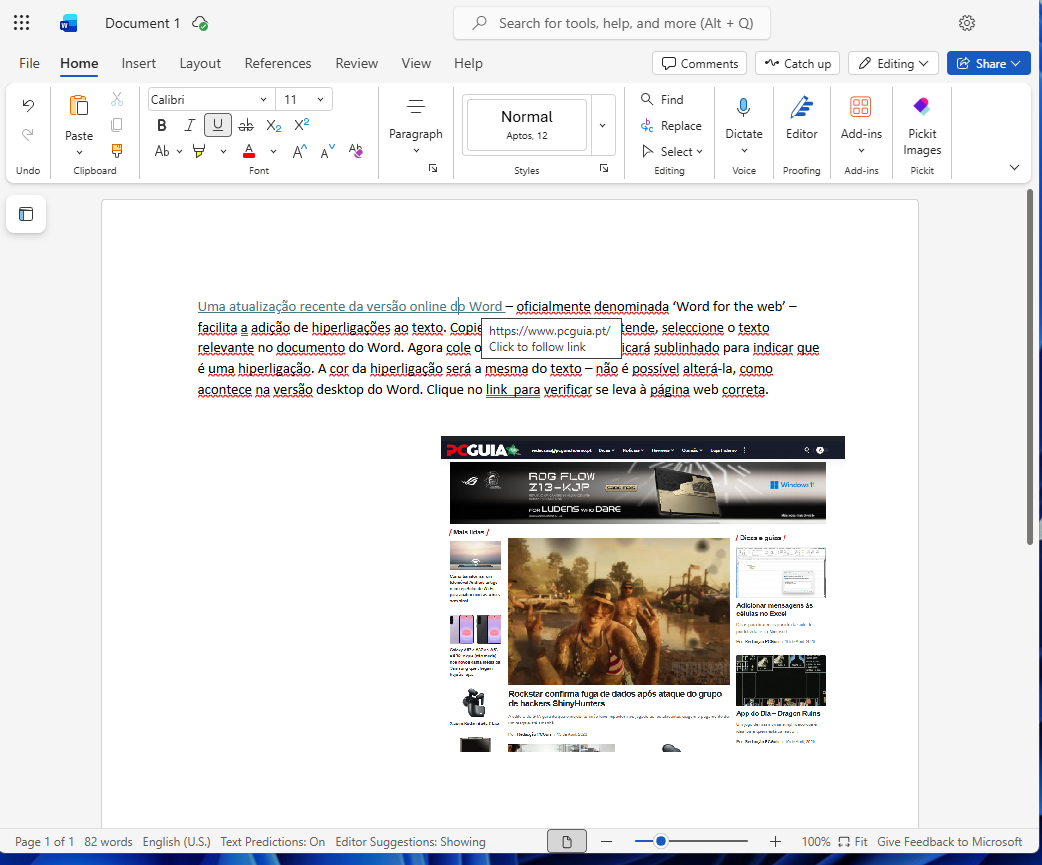 Screenshot of a Word document in Portuguese explaining hyperlinking in Word for the web, with a large embedded image of a website (PCGUA homepage).