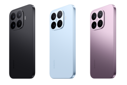 Three Xiaomi smartphones shown from the back in black, light blue, and pinkish-purple finishes arranged side by side.