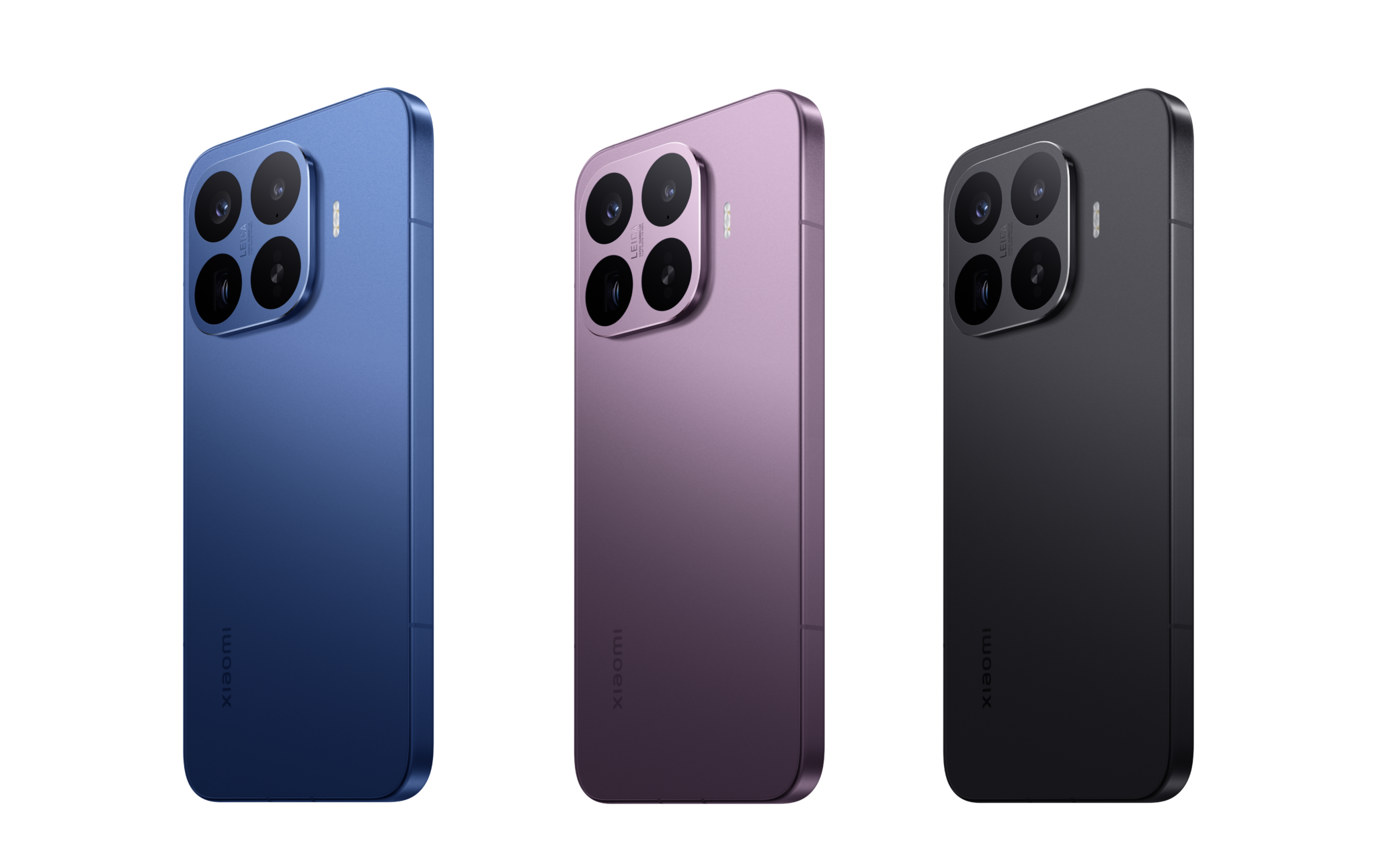 Back view of three smartphones in blue, pink, and black, highlighting the prominent camera module on the top left.