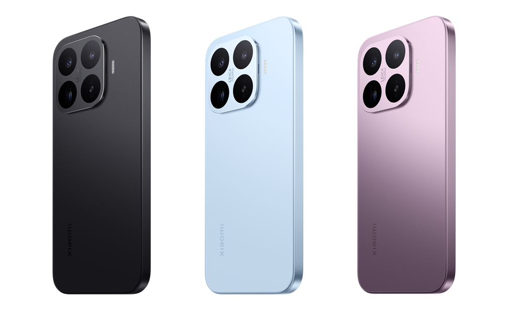 Three Xiaomi smartphones shown from the back in black, light blue, and pinkish-purple finishes arranged side by side.