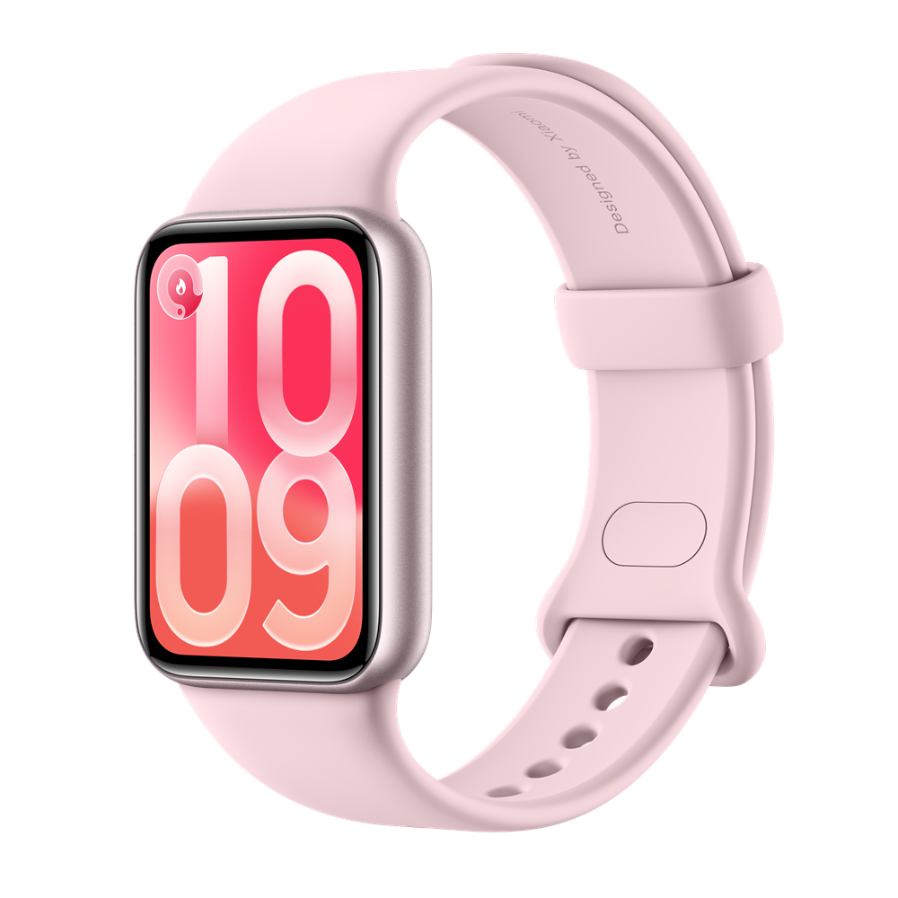 Pink smartwatch with a soft pink band and square display, showing large pink digits '10:09' on the screen, angled for a product shot.