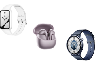 White rectangular smartwatch with a white band, lavender wireless earbuds in a case, and a blue round-faced smartwatch with a blue strap on a black background.
