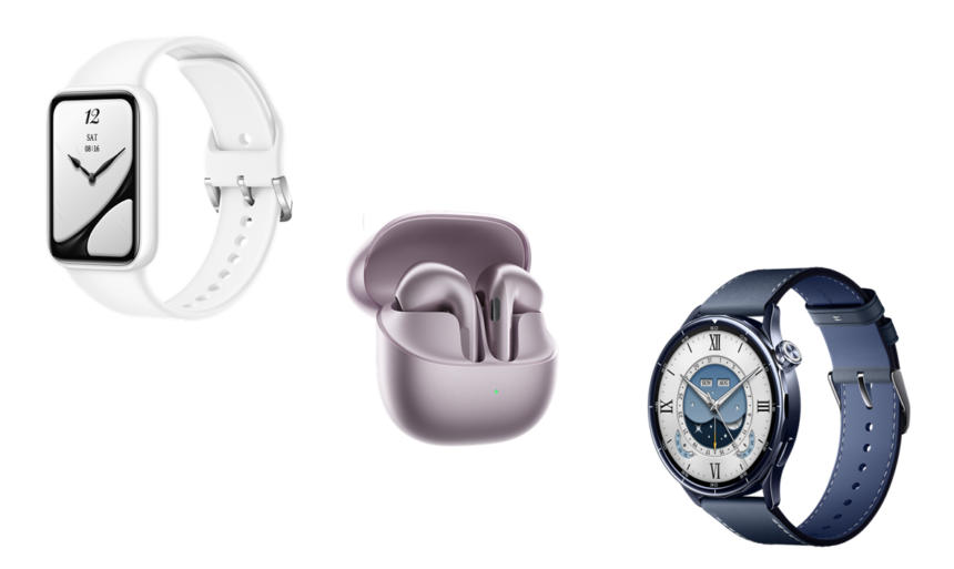 White rectangular smartwatch with a white band, lavender wireless earbuds in a case, and a blue round-faced smartwatch with a blue strap on a black background.
