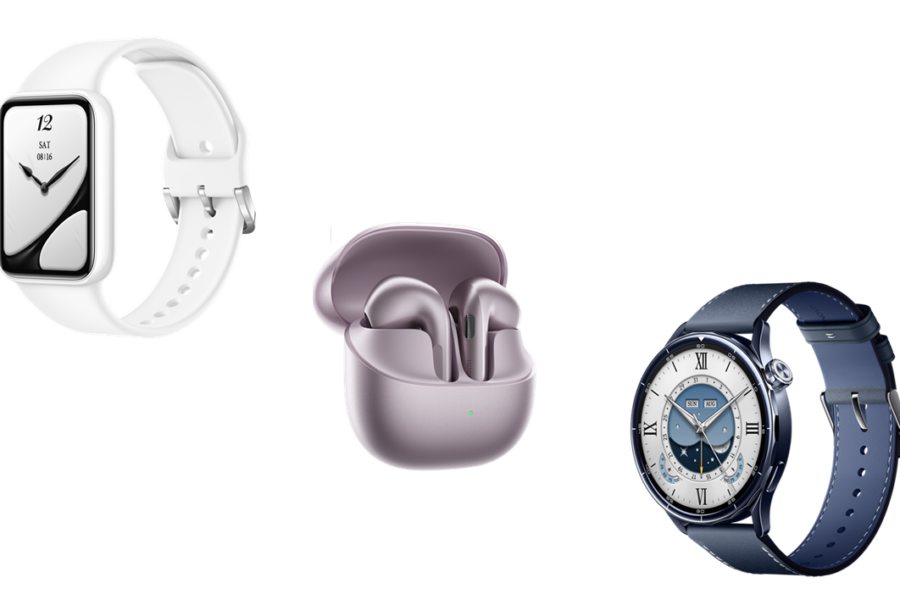 White rectangular smartwatch with a white band, lavender wireless earbuds in a case, and a blue round-faced smartwatch with a blue strap on a black background.