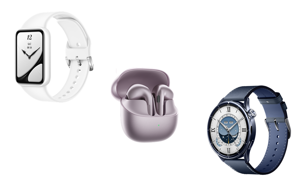 White rectangular smartwatch with a white band, lavender wireless earbuds in a case, and a blue round-faced smartwatch with a blue strap on a black background.
