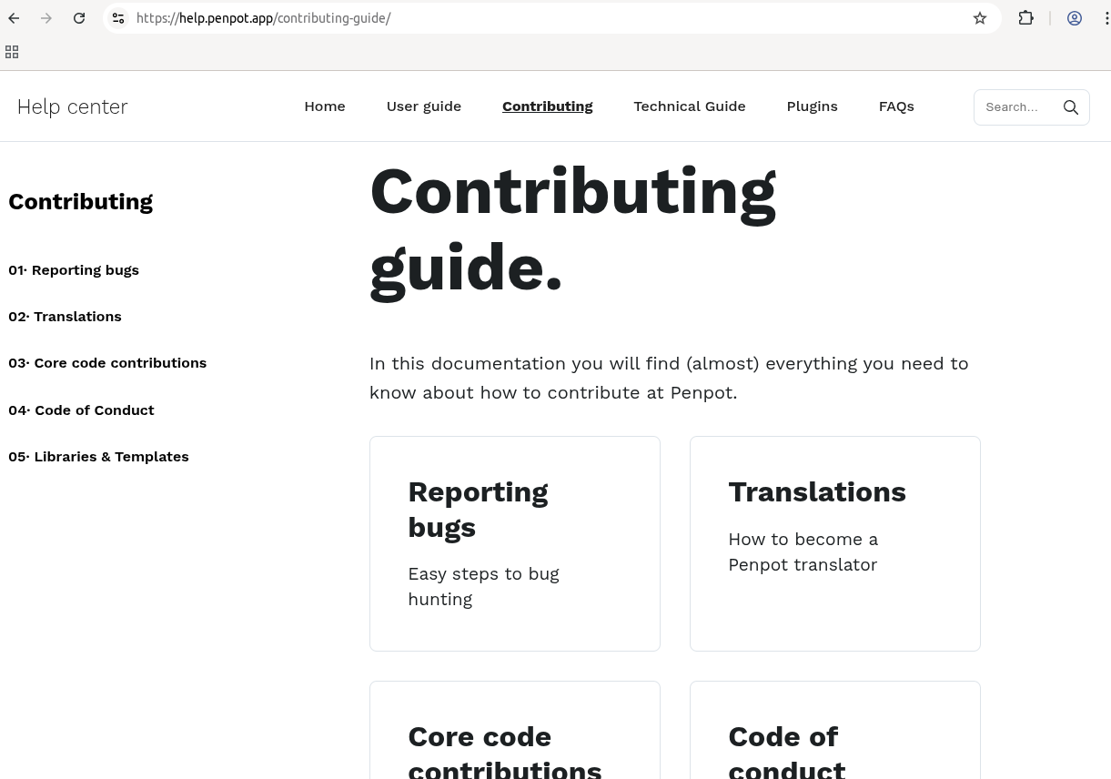 Help center Contributing guide page showing left navigation, large 'Contributing guide.' heading, and two-column cards for Reporting bugs and Translations