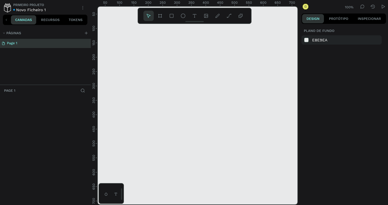 Design canvas with a dark UI sidebar on left, page list, and a large light gray workspace with a top toolbar overlayed.