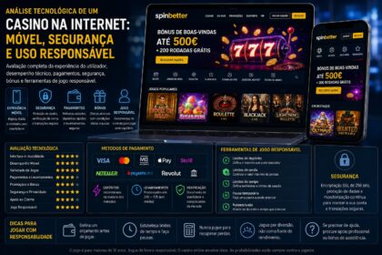 Dark infographic promoting responsible online casino tech: mobile experience, security, payments, bonuses, and game features on tablet and phone screens.