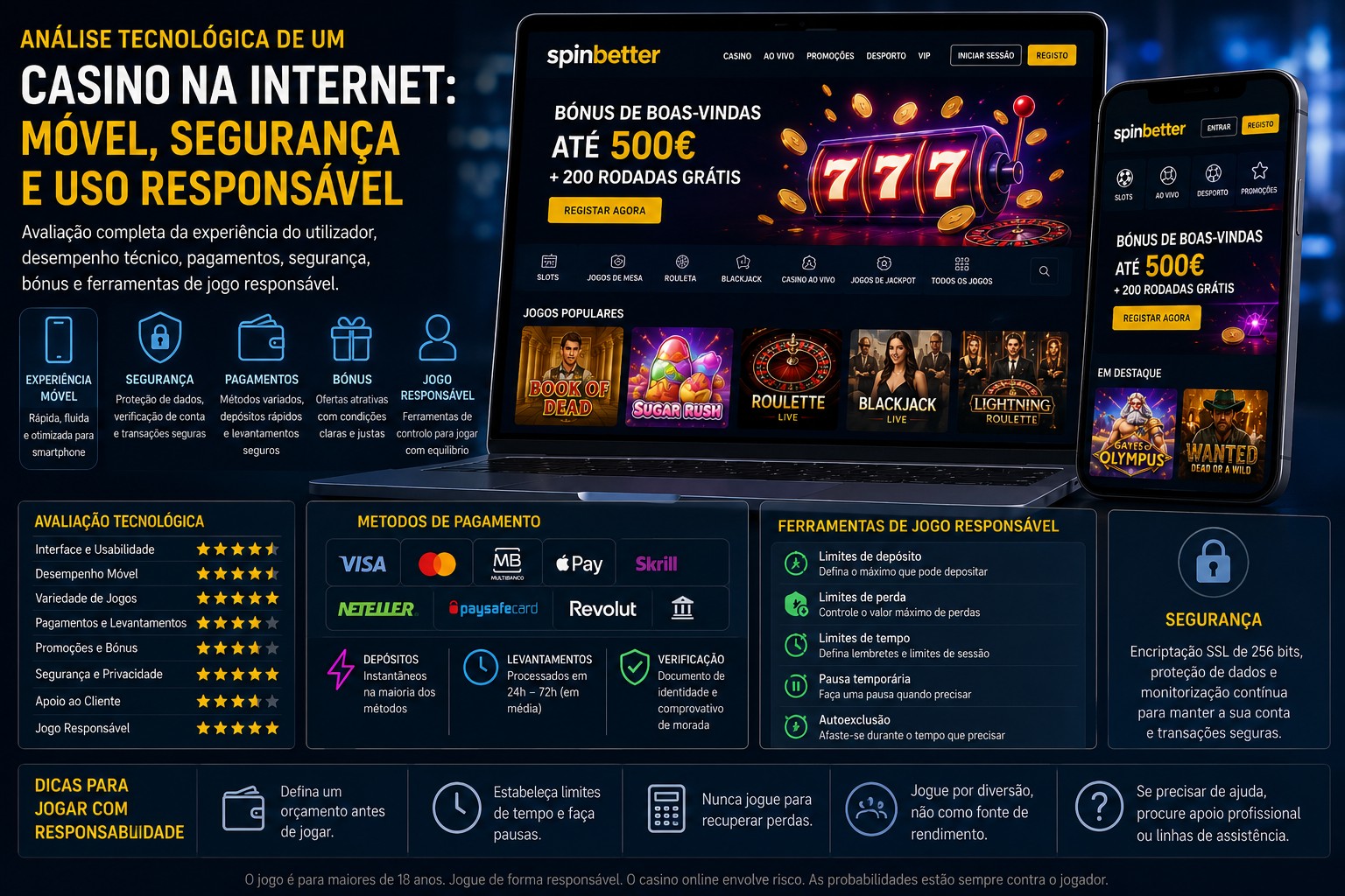 Dark infographic promoting responsible online casino tech: mobile experience, security, payments, bonuses, and game features on tablet and phone screens.