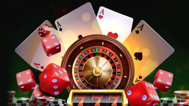 Roulette wheel surrounded by red dice, playing cards, and stacks of poker chips on a casino table.