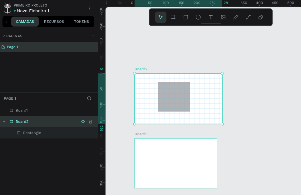 Design canvas with two boards labeled Board2 (grid and blue outline) and Board1 on a pale gray background; left panel shows pages and boards list.