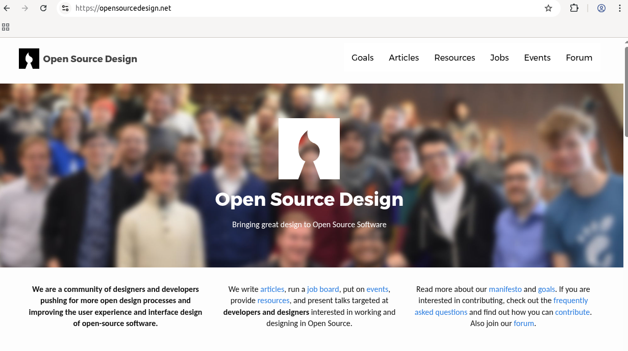 Hero section of the Open Source Design site: blurred group photo background with a centered logo and the title 'Open Source Design' (subheading 'Bringing great design to Open Source Software').