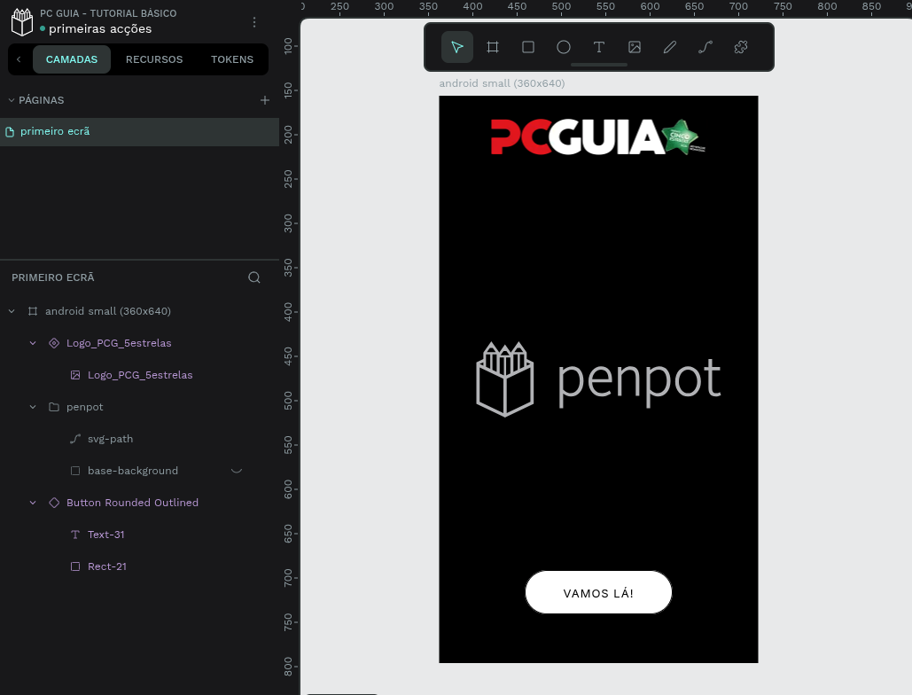 Mobile onboarding screen: black panel with PC GUIA logo at top, Penpot logo in the middle, and a white rounded button labeled 'VAMOS LÁ!' at bottom.