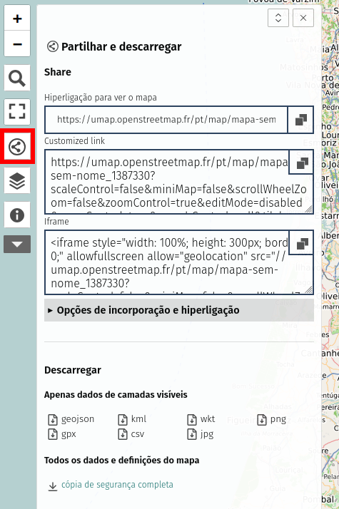 OpenStreetMap share panel with copy link, customized link, and iframe options beside a map on the left panel