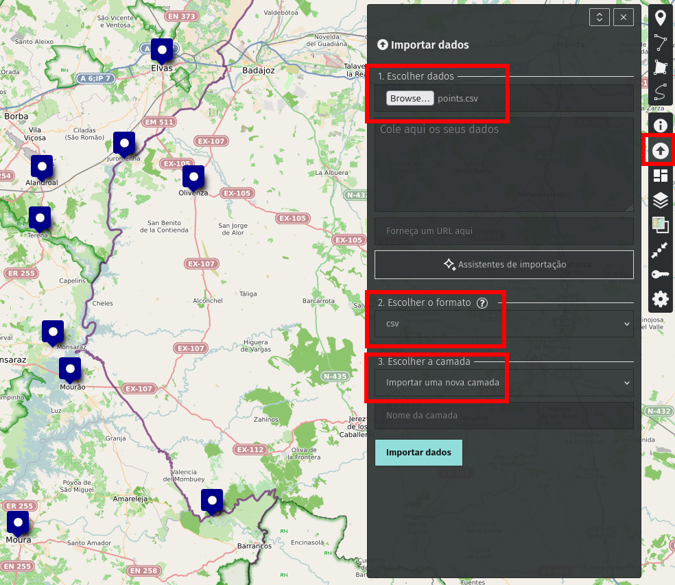 Map with blue pins displayed on a regional map and a dark 'Importar dados' panel open, showing steps to browse a data file, choose CSV format, and add a new layer.
