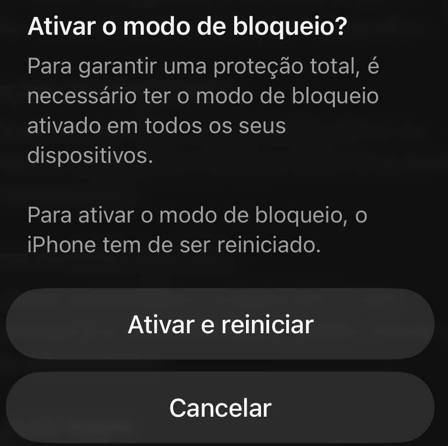 Solicitação de ativar o modo de bloqueio com instruções; botões: 'Ativar e reiniciar' e 'Cancelar'