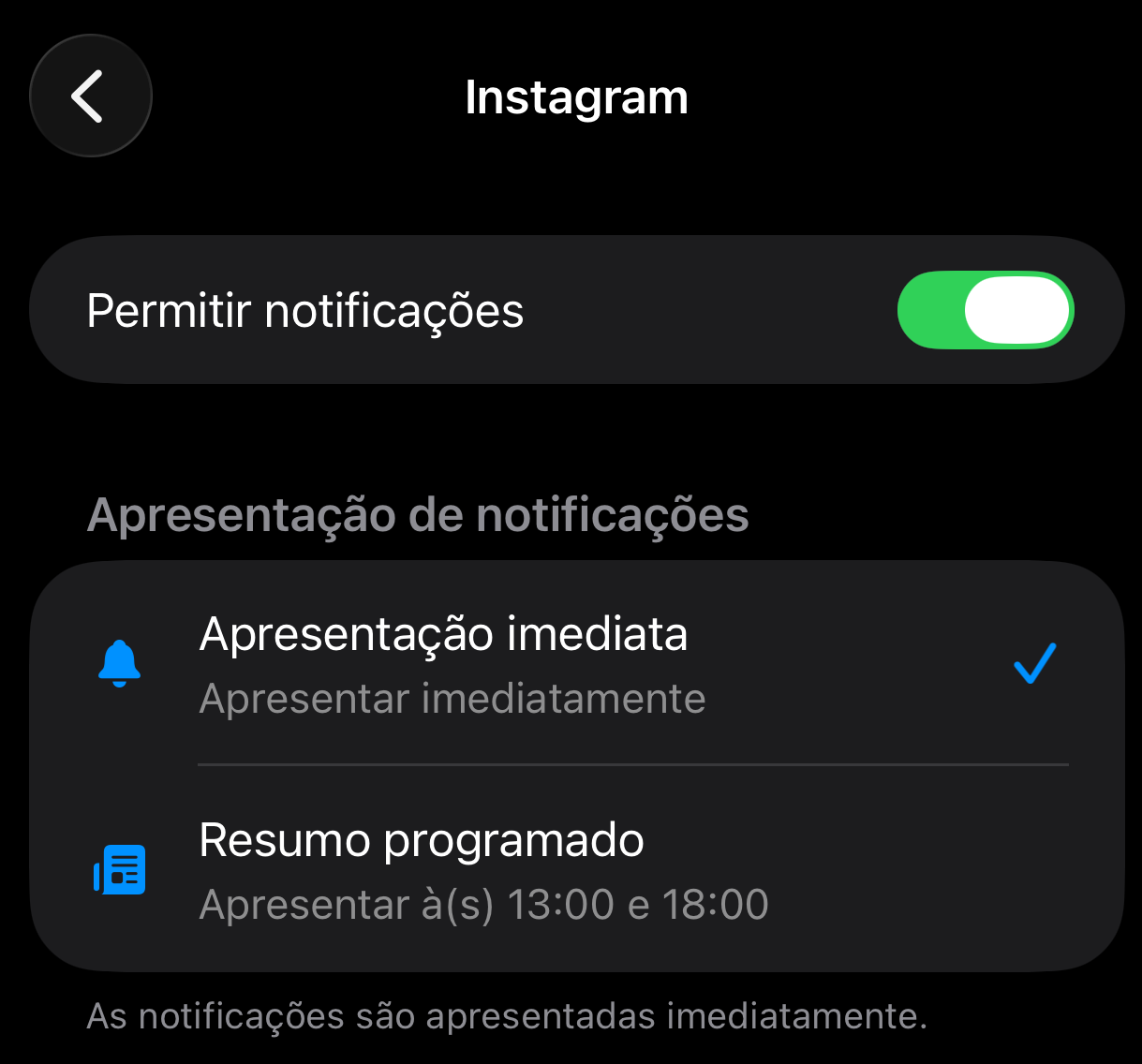Tela de configurações do Instagram com o interruptor de notificações ligado e título 'Permitir notificações'.