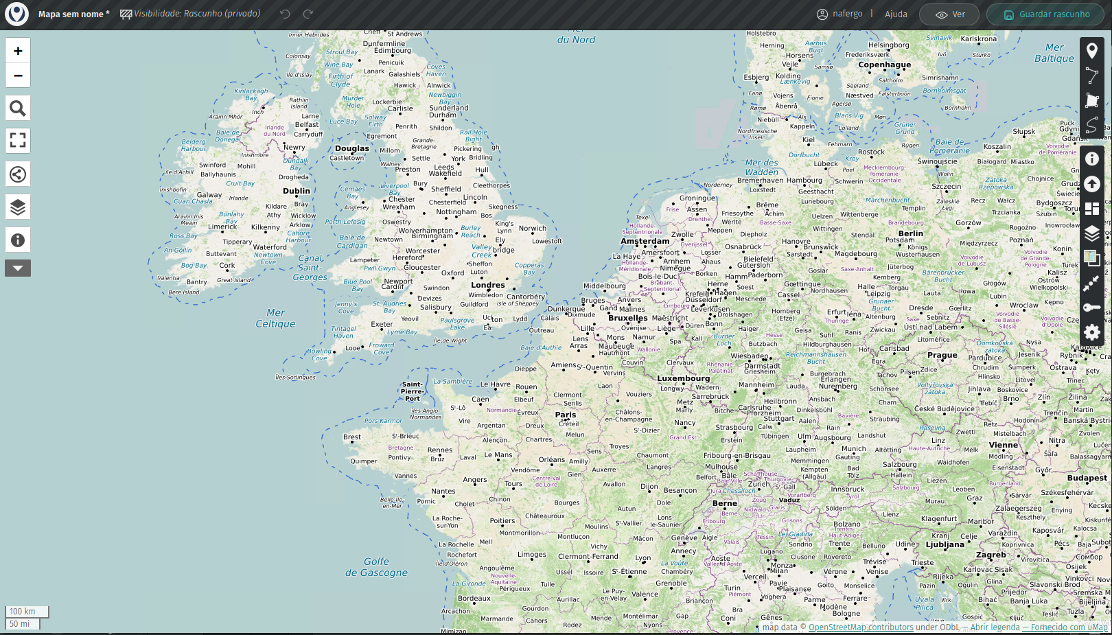 Interactive map view of Western Europe, showing the UK, Ireland, France, and nearby coastlines with toolbars on the sides for map actions with zoom.