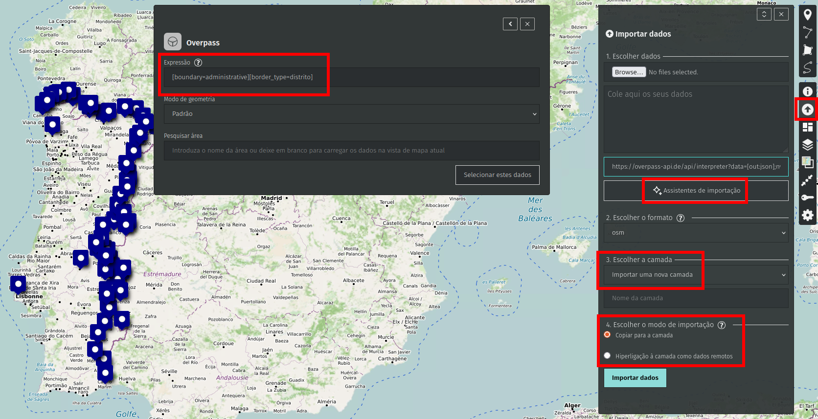 Map editor showing Overpass import panel with a red-outlined query expression [boundary=administrative][border_type=distrito] and import options.