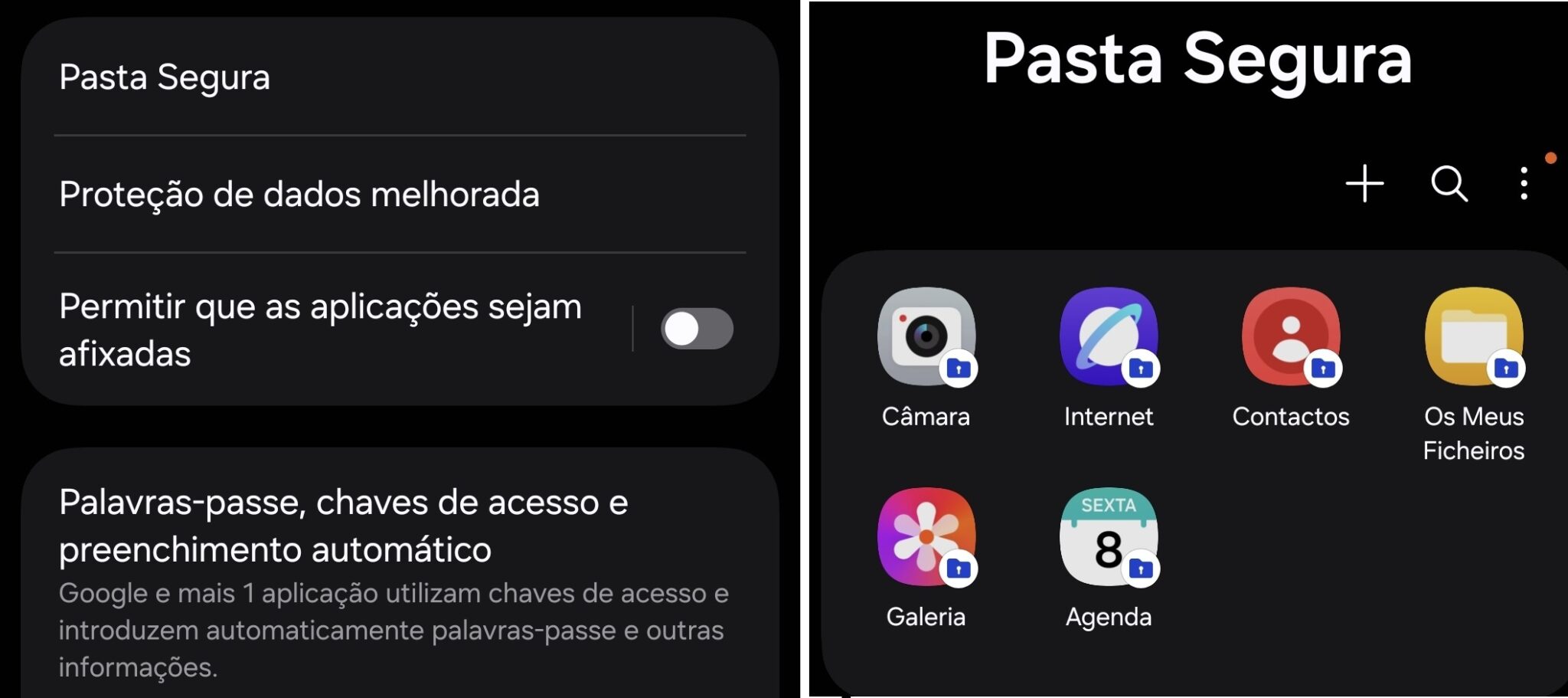 Screenshot of a dark-mode iPhone settings screen with 'Pasta Segura', 'Proteção de dados melhorada' and a toggle for app permissions; Brazilian Portuguese UI.