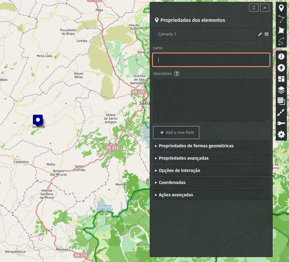 Map view with a blue location pin near Sontelha and a dark right-side properties panel titled'Propriedades dos elementos'.