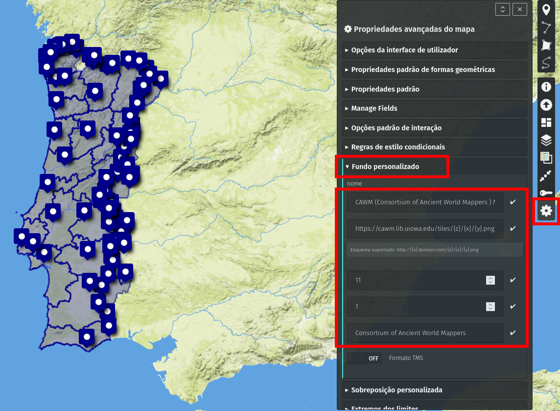 Interactive map of Portugal with many blue markers along the coast, and a right-side settings panel labeled 'Fundo personalizado' showing fields for a custom background.