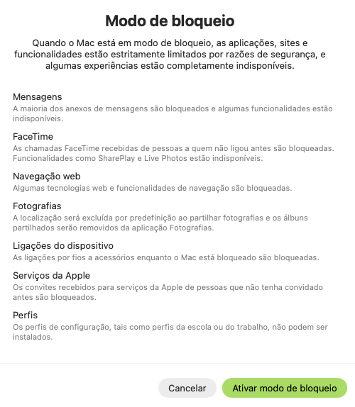 Tela explicando o Modo de bloqueio e quais recursos ficam indisponíveis (Mensagens, FaceTime, Navegação web, Fotografias, Ligações do dispositivo, Serviços da Apple e Perfis).