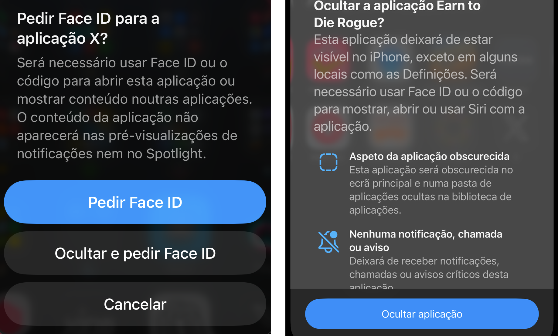Pop-up de permissão para usar Face ID para abrir o aplicativo, com o botão azul "Pedir Face ID" e opções "Ocultar e pedir Face ID" e "Cancelar".