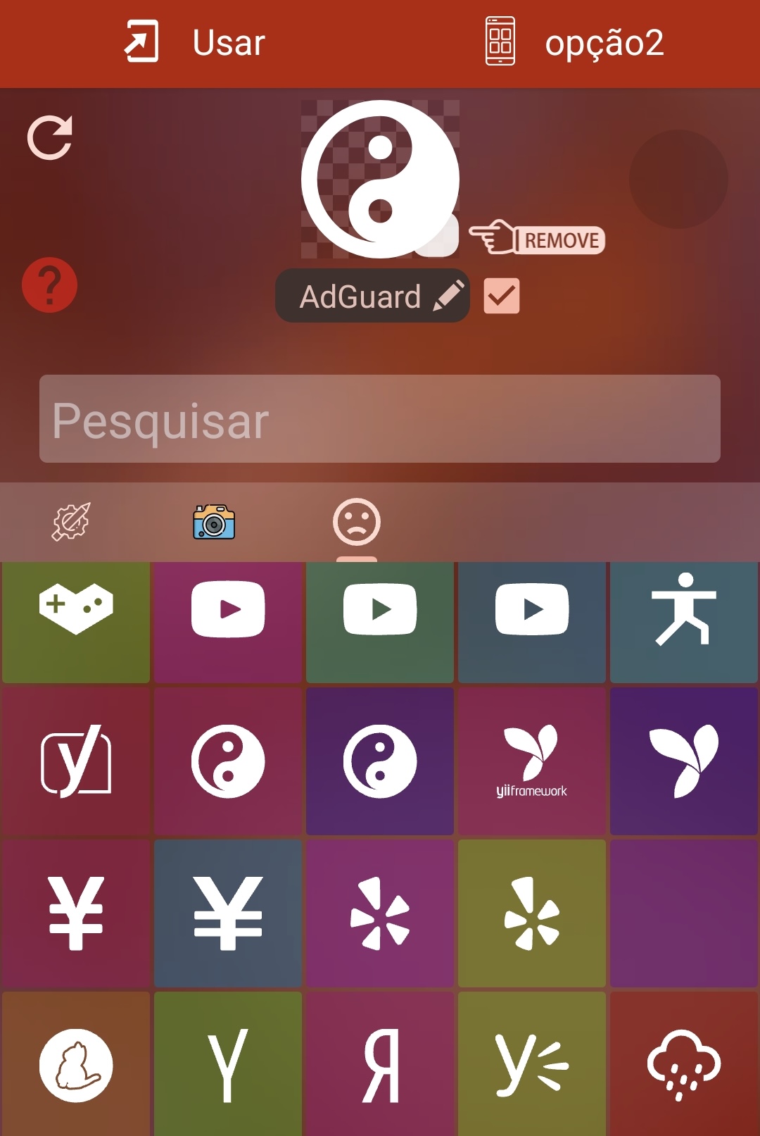 Mobile home screen with a search bar labeled 'Pesquisar' and a grid of colorful app tiles, plus a large AdGuard logo at the top.