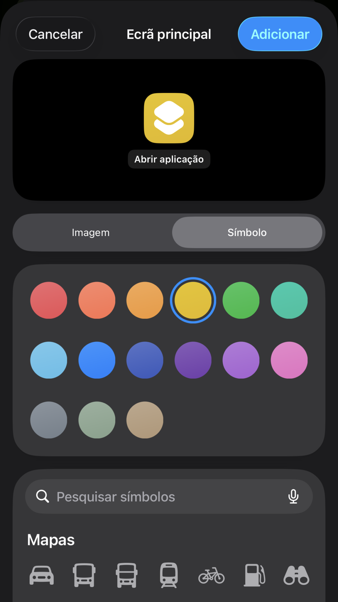 Tela de escolha de cor do ícone, com o ícone amarelo central e o botão Abrir aplicação em destaque (UI de personalização)