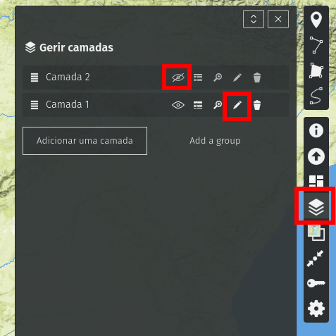 Layer manager UI in Portuguese showing two layers (Camada 2, Camada 1) with visibility and edit icons; right-side vertical tool panel highlighted in blue/red accents.