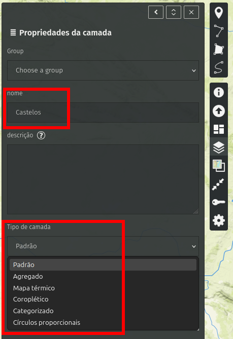 Painel de propriedades da camada com campos Grupo, Nome (Castelos) e Tipo de camada com opções: Padrão, Agregado, Mapa térmico, Coroplético, Categorizado, Círculos proporcionais.
