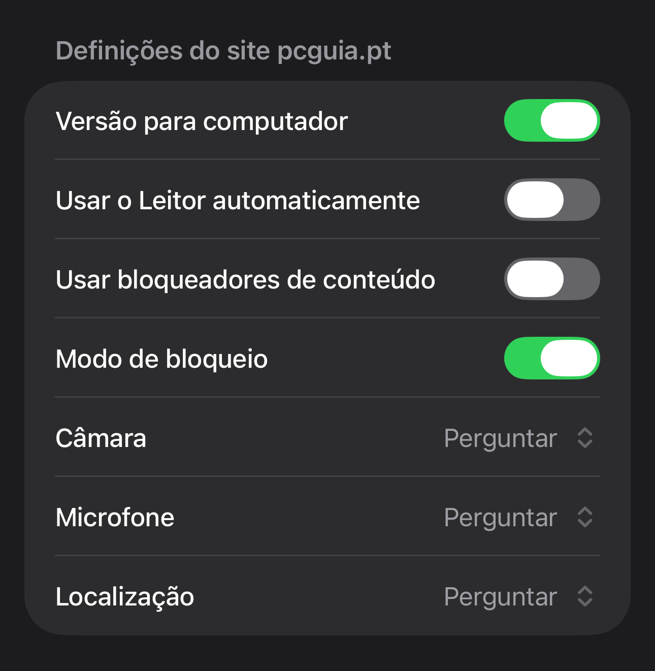 Painel de permissões do site com alternâncias: versão para computador ligada, modo de bloqueio ativo; Câmera, Microfone e Localização em Perguntar.
