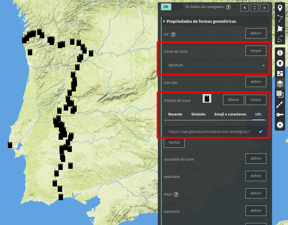 Mapa com numerosos ícones em forma de castelo marcando pontos ao longo da costa e interior; painel de propriedades de formas geométricas aberto à direita.