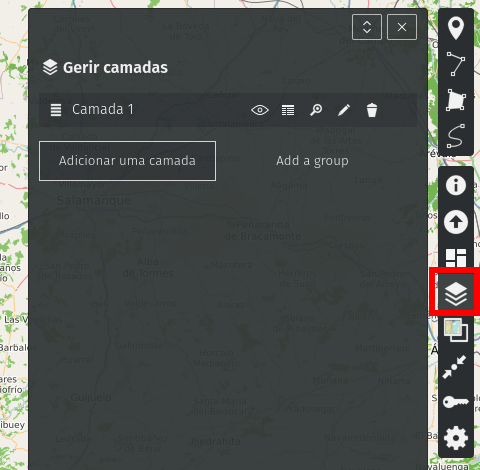 Overlay panel on a map titled'Gerir camadas'; shows 'Camada 1' with options 'Adicionar uma camada' and 'Add a group' and a dark sidebar with tool icons.