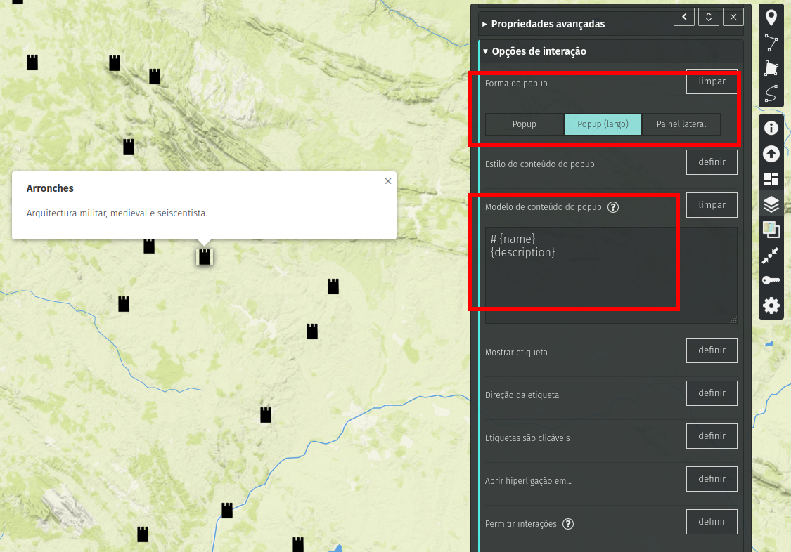Mapa interativo com marcadores de castelo e painel de configurações à direita, exibindo opções de popup (formato) e modelo de conteúdo (# {name} {description}).