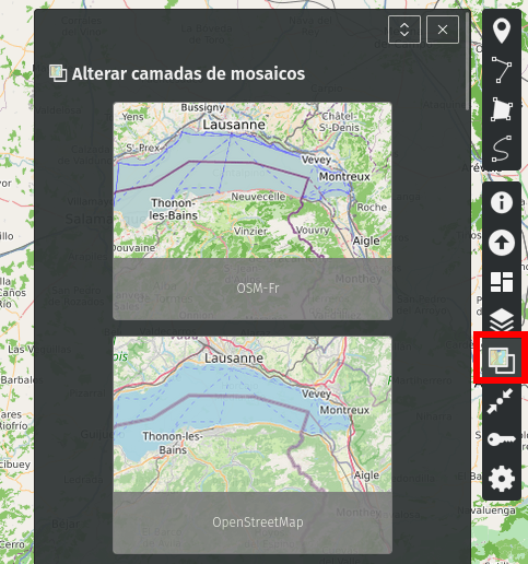 UI panel titled'Alterar camadas de mosaicos' showing two mosaic layer options (OSM-Fr and OpenStreetMap) over a map background