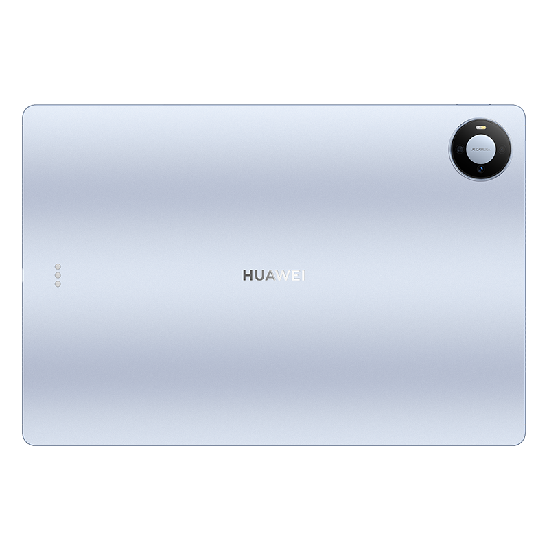 Back of a light blue Huawei tablet with a circular camera module in the top-right corner and a minimalist logo in the center.
