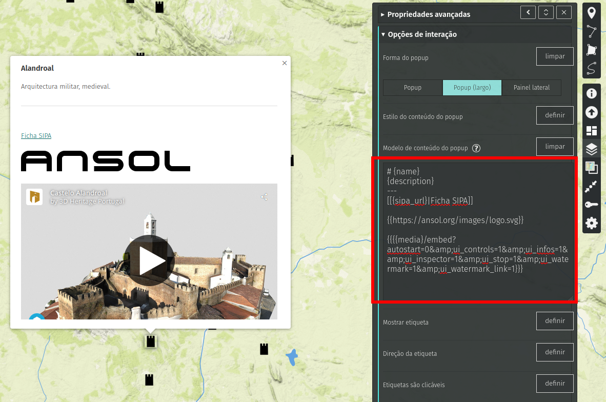 Mapa interativo com popup de Alandroal: arquitetura militar medieval, vídeo do Castelo Alandroal e código de embed à direita.