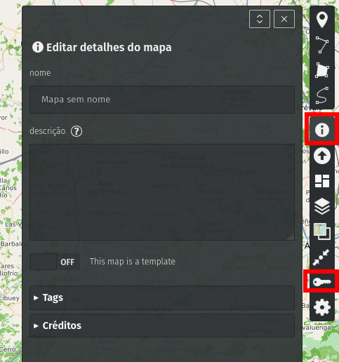 Map editing panel titled'Editar detalhes do mapa' with name and description fields, a OFF toggle saying 'This map is a template', and a right-side toolbar.