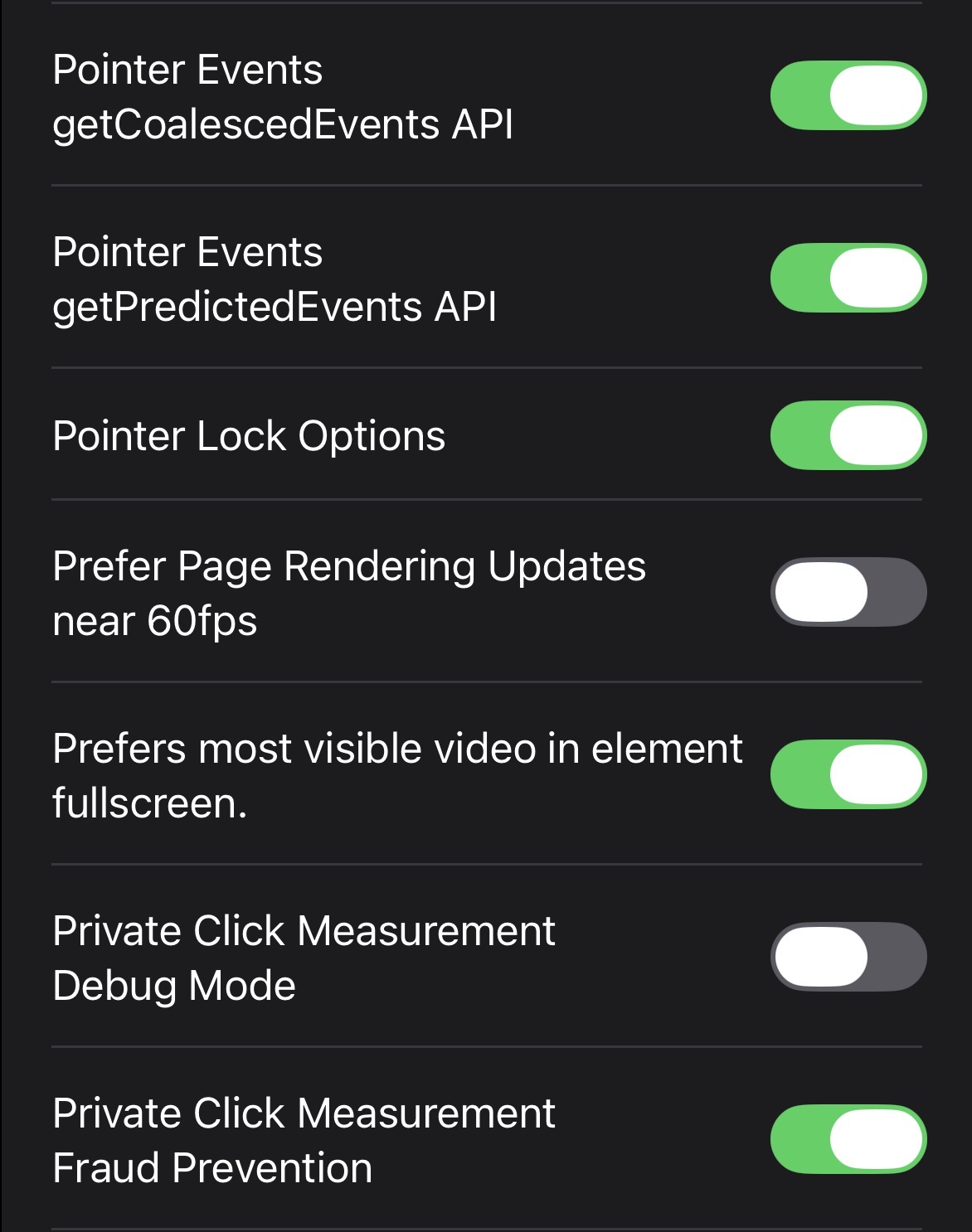Dark-themed settings list with several toggle switches; three on, others off, labeled for Pointer Events and rendering preferences.