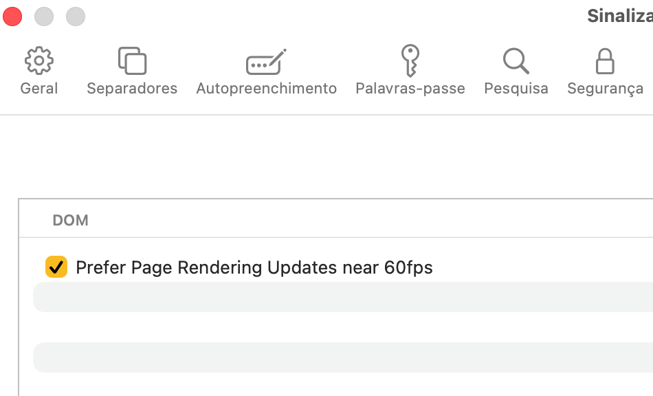 Settings page header with icons and Portuguese categories; a list item: 'Prefer Page Rendering Updates near 60fps' with a checked yellow checkbox