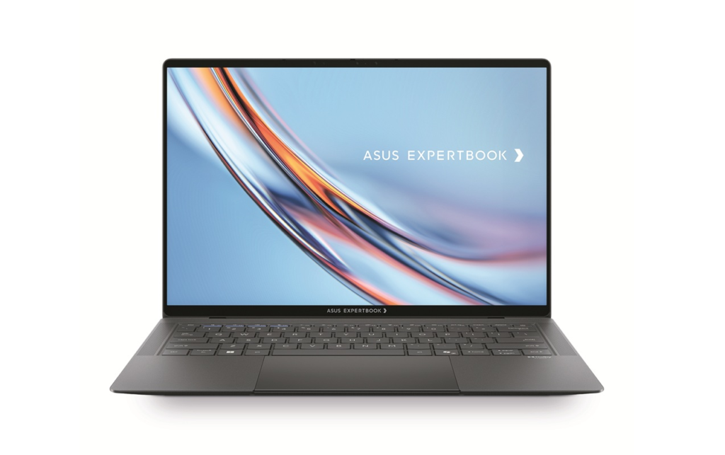 Open ASUS ExpertBook laptop on white background, displaying blue abstract wallpaper on screen.
