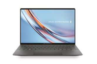Open ASUS ExpertBook laptop on white background, displaying blue abstract wallpaper on screen.