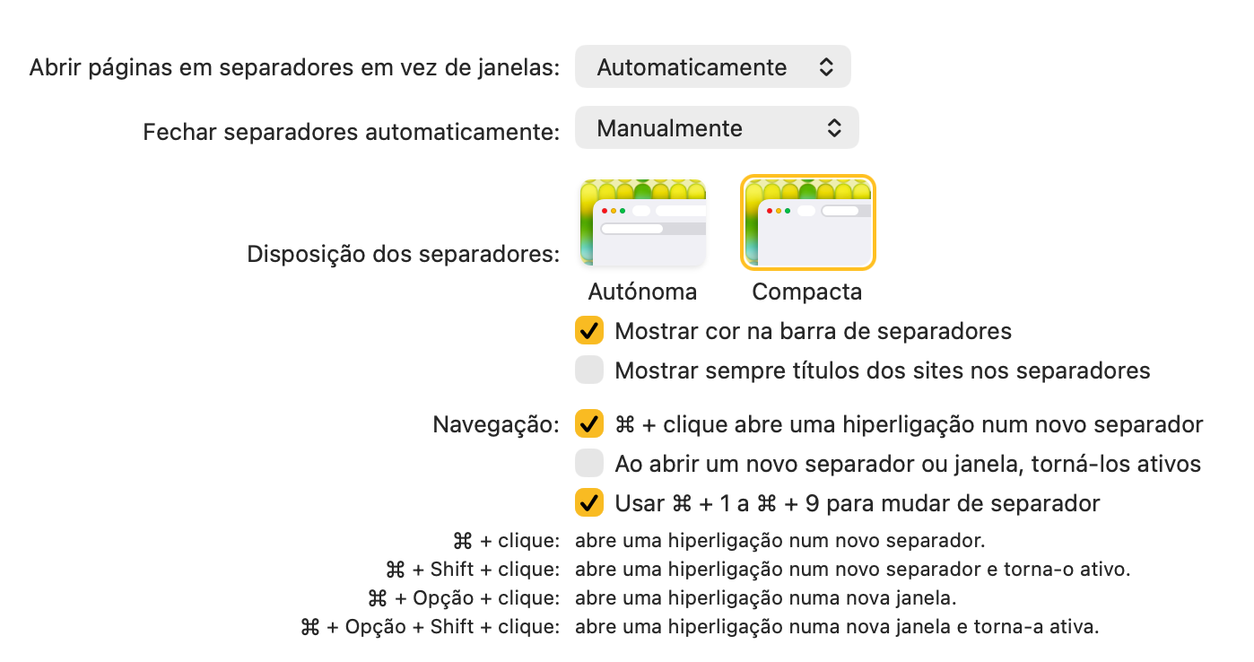 Configurações de abas: abrir páginas em separadores em vez de janelas, com opções Automático/Manual e disposições Autônoma ou Compacta, e preferências de navegação com atalhos.