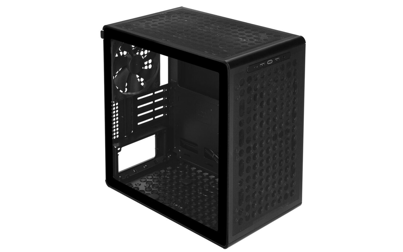 Black mid-tower PC case with a clear side panel showing internal drive bays and a rear exhaust fan, front and top mesh for airflow