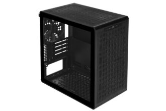 Black mid-tower PC case with a clear side panel showing internal drive bays and a rear exhaust fan, front and top mesh for airflow