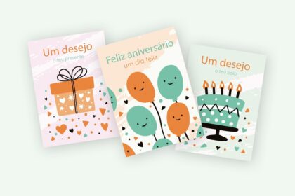 Three colorful greeting cards with birthday themes: a gift card, a balloon birthday card, and a cake card, all diagonally arranged on a pale background.